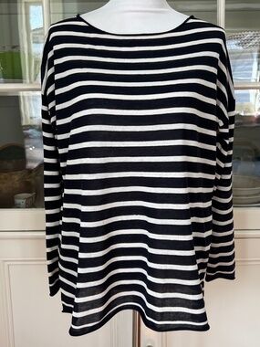 Nili Lotan Black & White Striped Cotton/Linen Sweater, Top, Size Medium